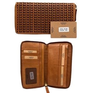 VILENCA Womens Leather Wallet Brown Tan Large Zip-Around Woven Cut-out Design